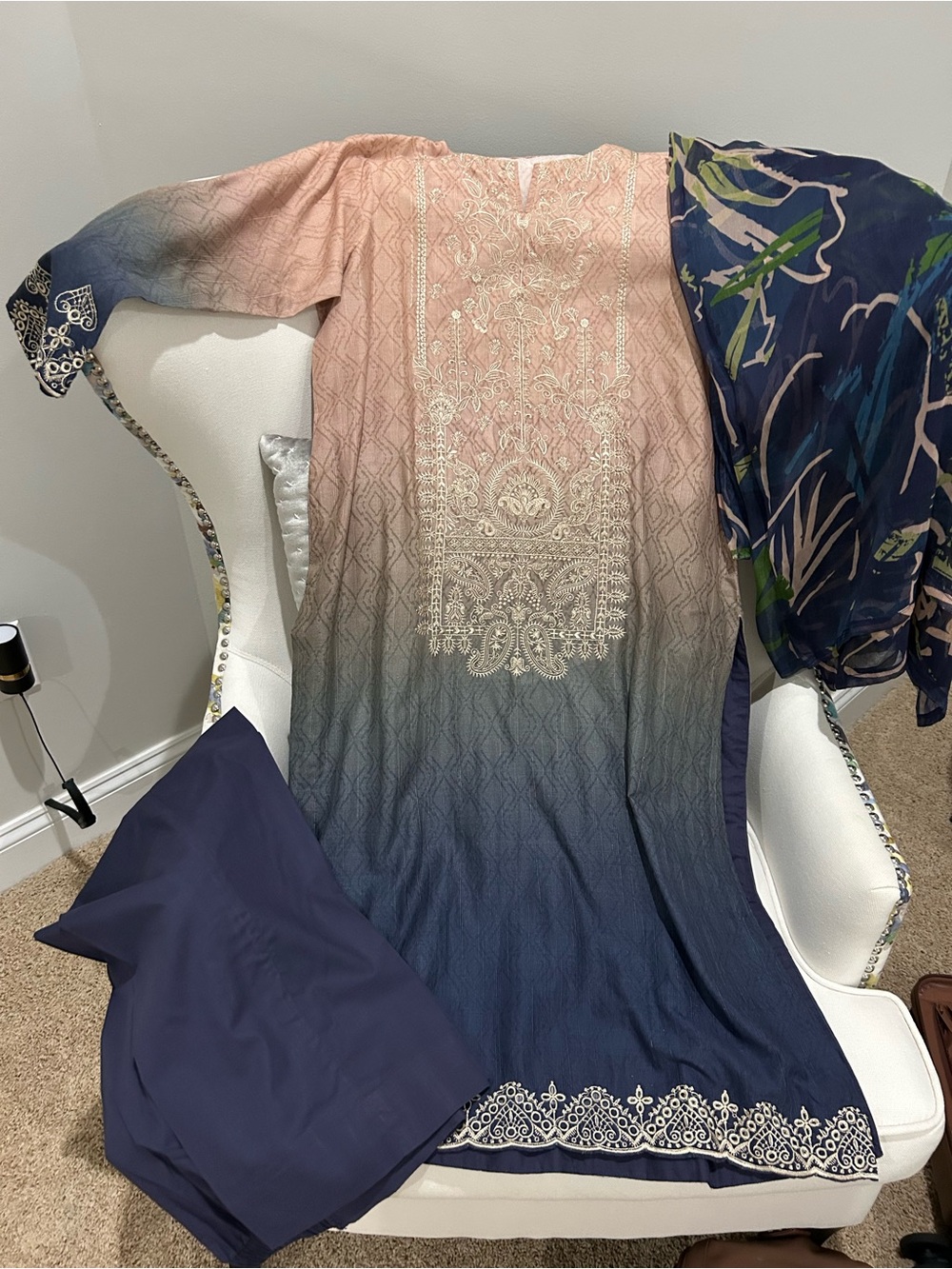 Elegant Ombre Embroidered Women’s Dress in Pink and Navy